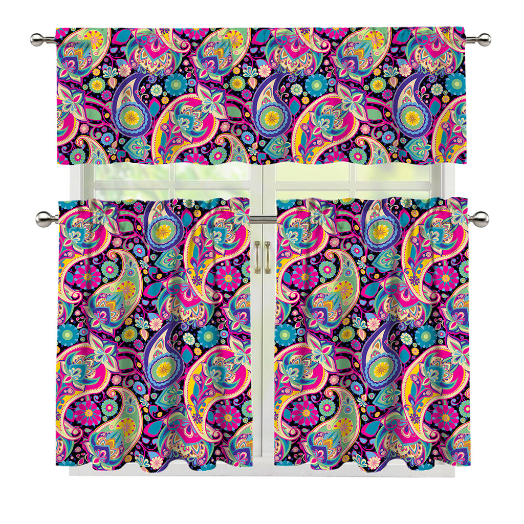 Bohemian Paisley Pattern Print 3 Piece Kitchen Curtains