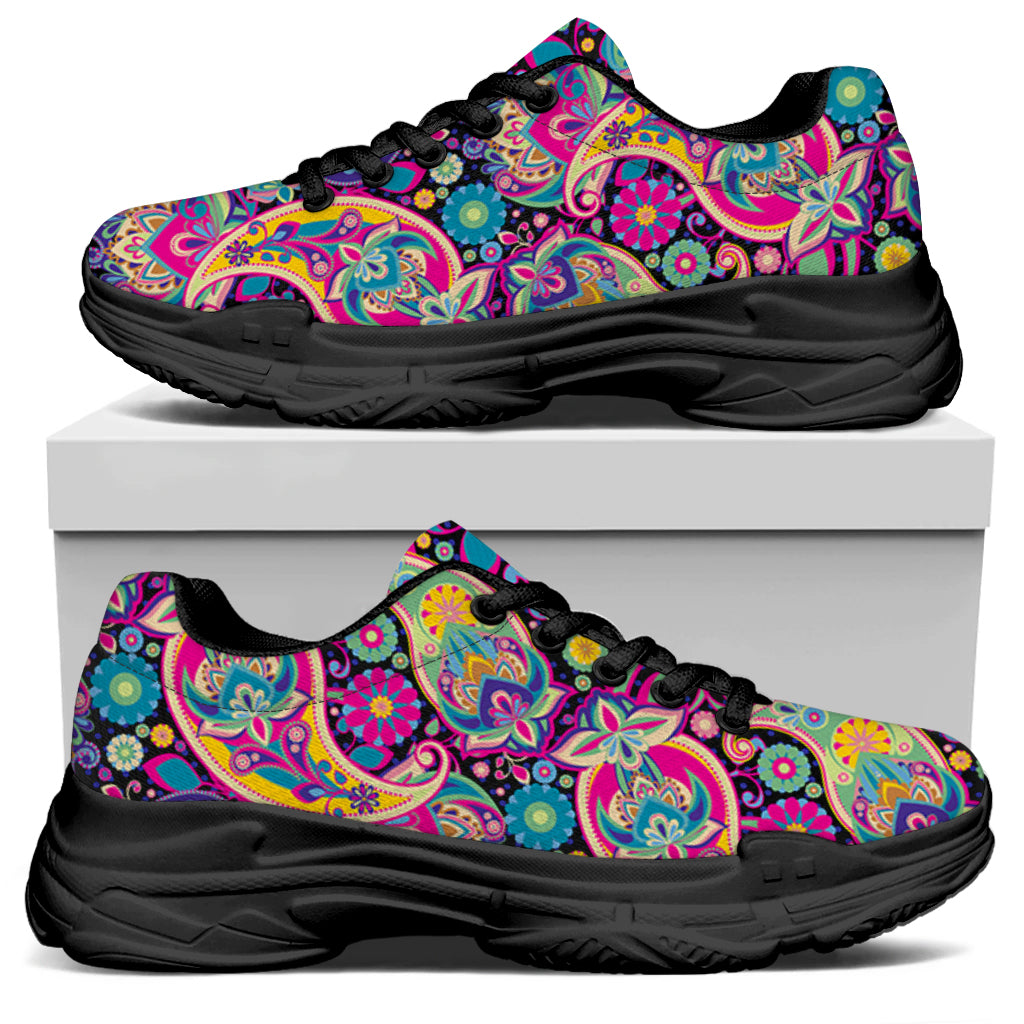 Bohemian Paisley Pattern Print Black Chunky Shoes