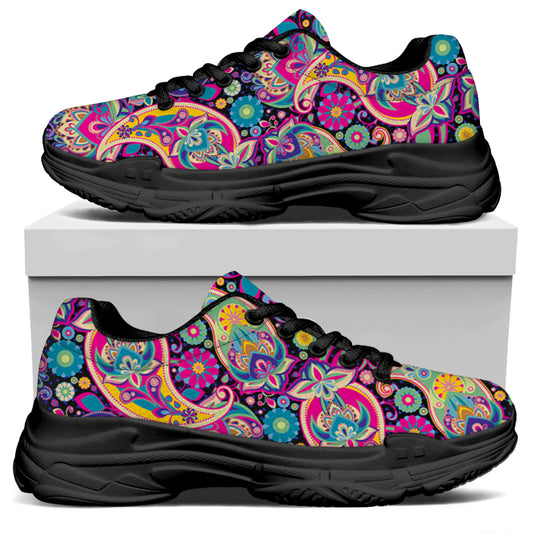 Bohemian Paisley Pattern Print Black Chunky Shoes
