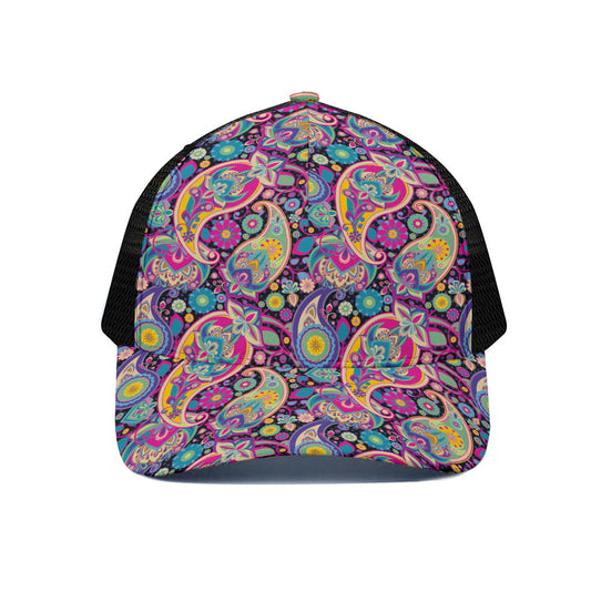 Bohemian Paisley Pattern Print Black Mesh Trucker Cap