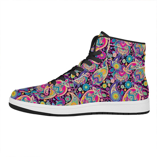Bohemian Paisley Pattern Print High Top Leather Sneakers