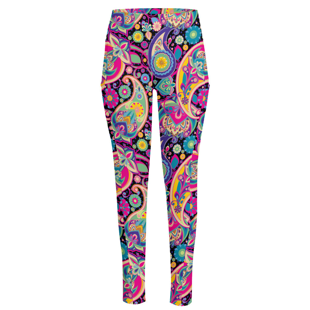 Bohemian Paisley Pattern Print High-Waisted Pocket Leggings