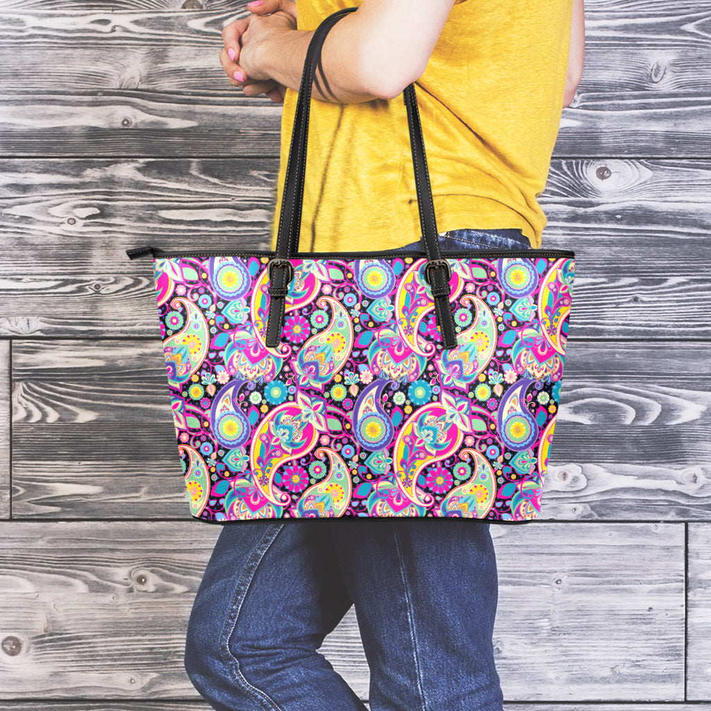 Bohemian Paisley Pattern Print Leather Tote Bag
