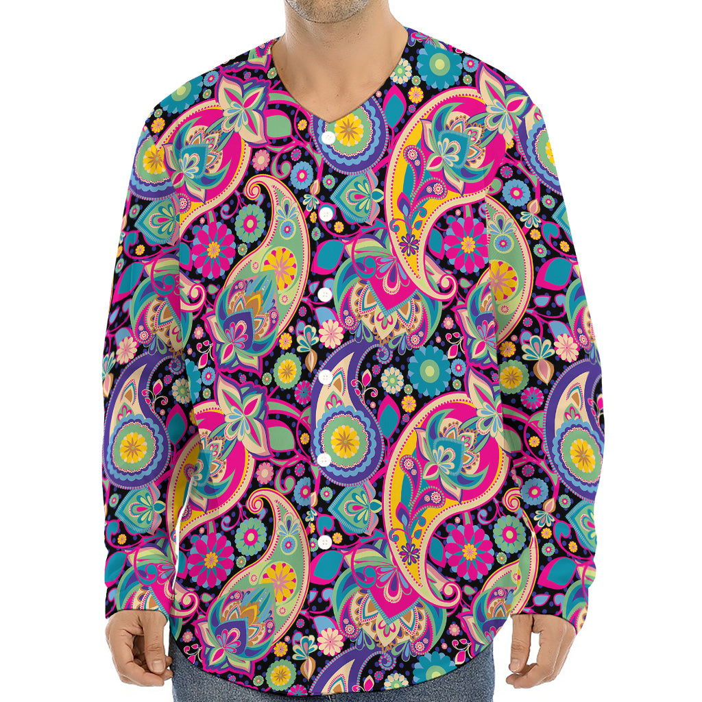 Bohemian Paisley Pattern Print Long Sleeve Baseball Jersey