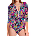 Bohemian Paisley Pattern Print Long Sleeve Swimsuit