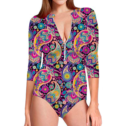 Bohemian Paisley Pattern Print Long Sleeve Swimsuit