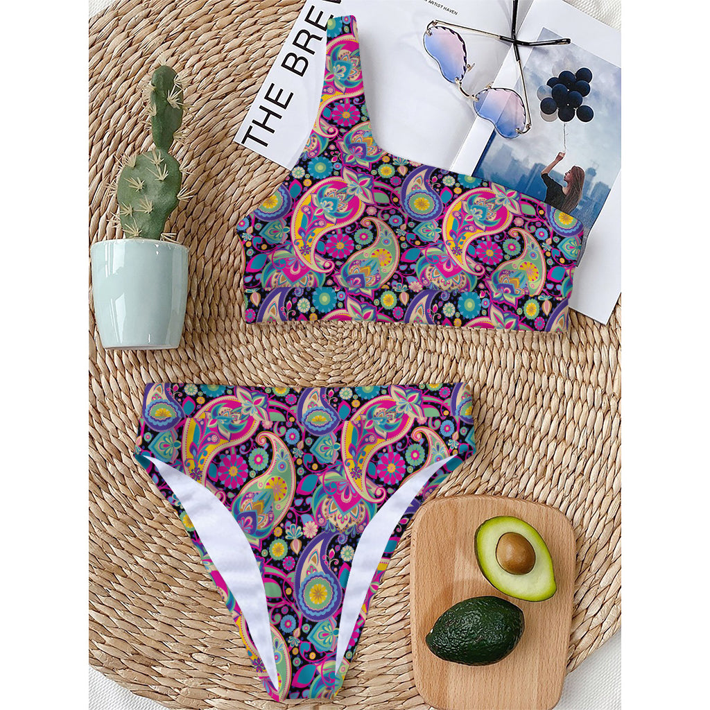 Bohemian Paisley Pattern Print One Shoulder Bikini Top