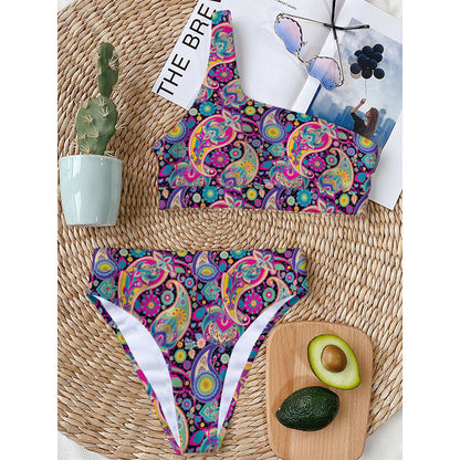 Bohemian Paisley Pattern Print One Shoulder Bikini Top