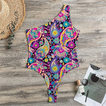 Bohemian Paisley Pattern Print One Shoulder Bodysuit