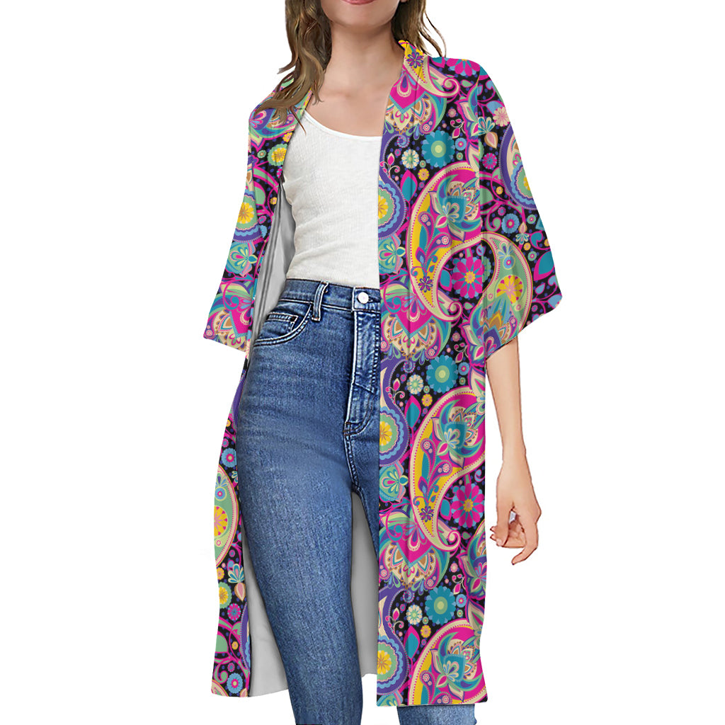 Bohemian Paisley Pattern Print Open Front Beach Cover Up
