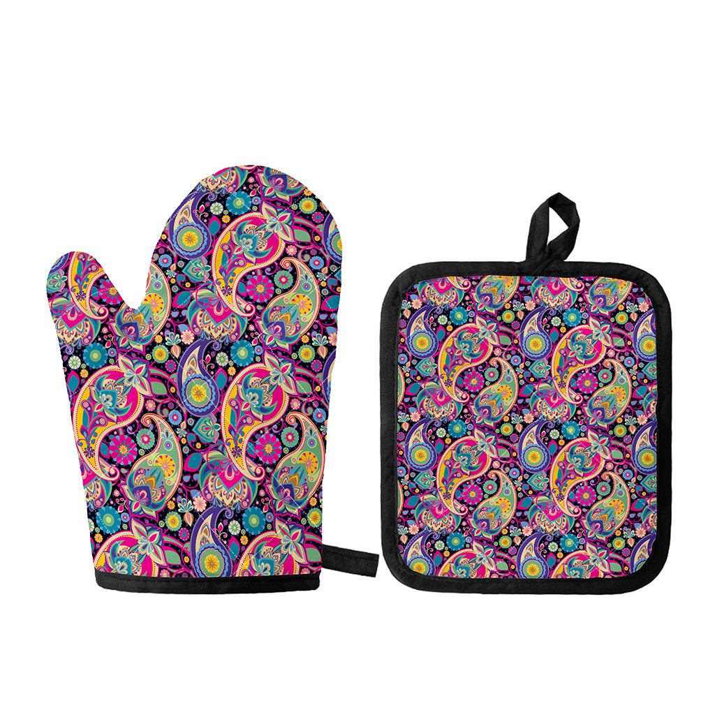 Bohemian Paisley Pattern Print Oven Mitt And Pot Holder Set