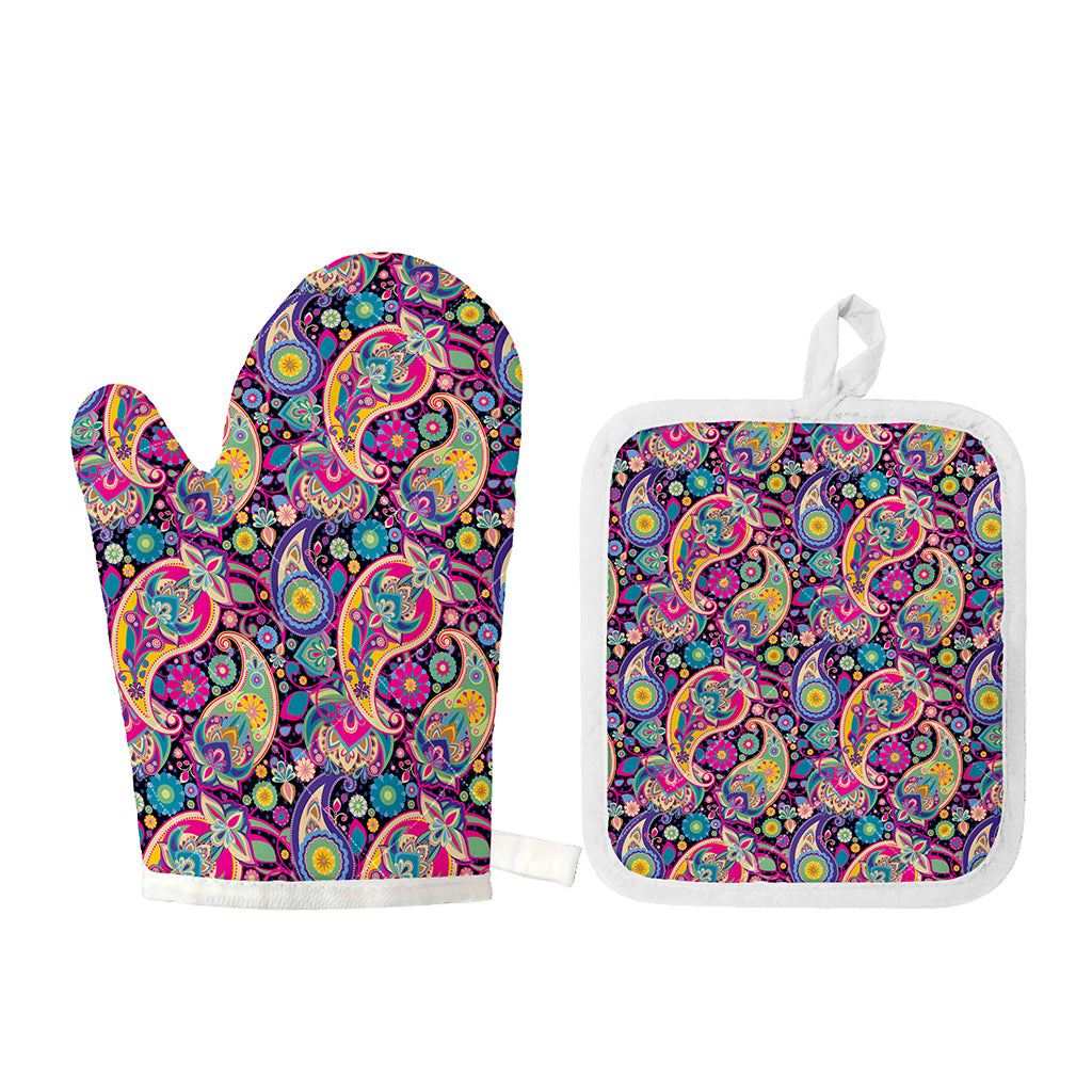 Bohemian Paisley Pattern Print Oven Mitt And Pot Holder Set