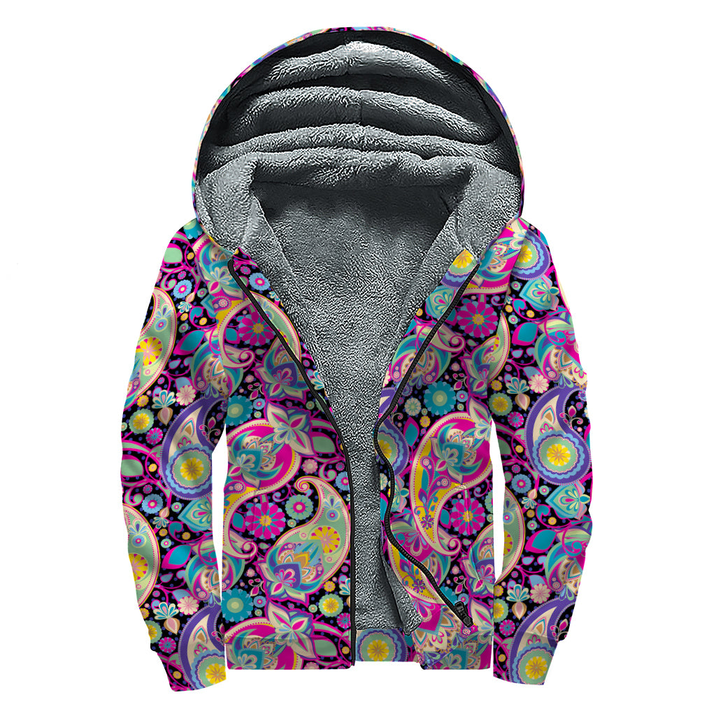 Bohemian Paisley Pattern Print Sherpa Lined Zip Up Hoodie