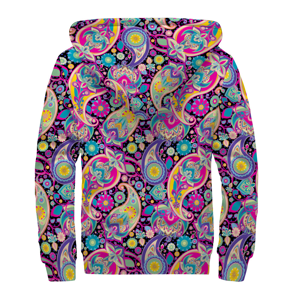 Bohemian Paisley Pattern Print Sherpa Lined Zip Up Hoodie