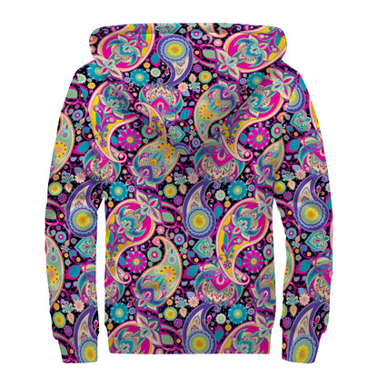 Bohemian Paisley Pattern Print Sherpa Lined Zip Up Hoodie