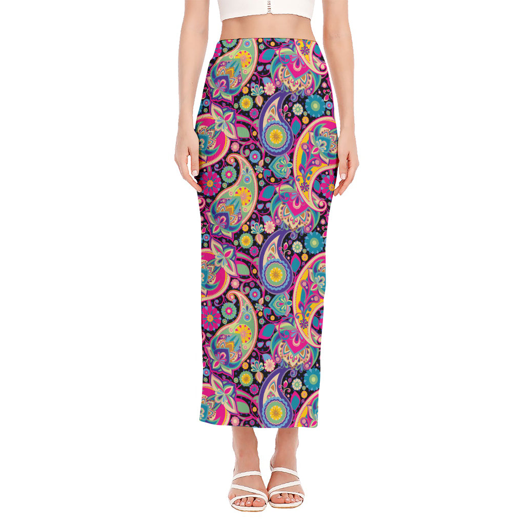 Bohemian Paisley Pattern Print Side Slit Maxi Skirt