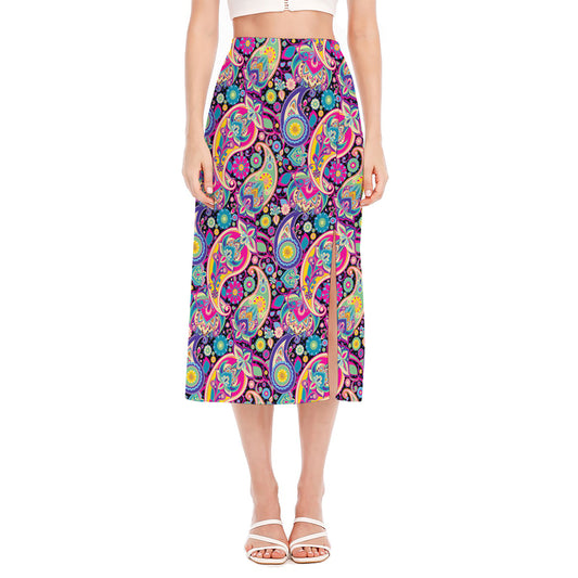 Bohemian Paisley Pattern Print Side Slit Midi Skirt