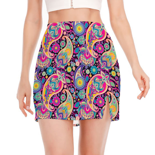 Bohemian Paisley Pattern Print Side Slit Mini Skirt