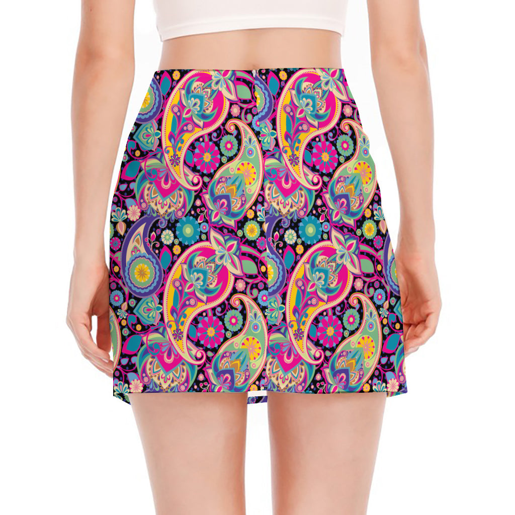 Bohemian Paisley Pattern Print Side Slit Mini Skirt