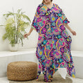 Bohemian Paisley Pattern Print Silk V-Neck Kaftan Dress