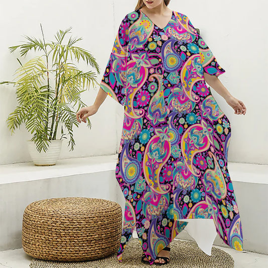 Bohemian Paisley Pattern Print Silk V-Neck Kaftan Dress