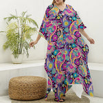 Bohemian Paisley Pattern Print Silk V-Neck Kaftan Dress