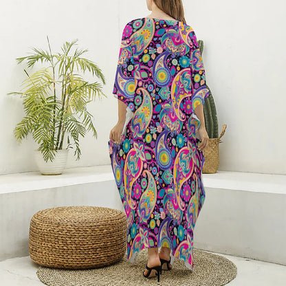 Bohemian Paisley Pattern Print Silk V-Neck Kaftan Dress