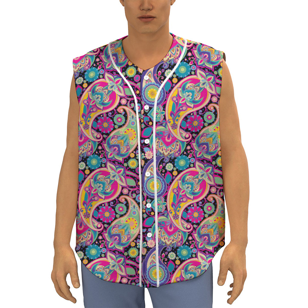 Bohemian Paisley Pattern Print Sleeveless Baseball Jersey