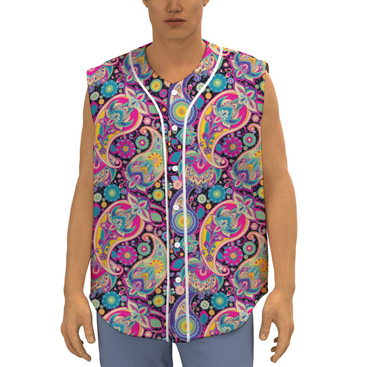 Bohemian Paisley Pattern Print Sleeveless Baseball Jersey