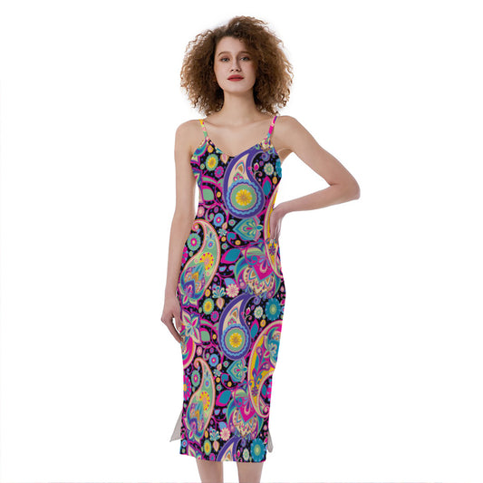 Bohemian Paisley Pattern Print Slim Fit Midi Cami Dress