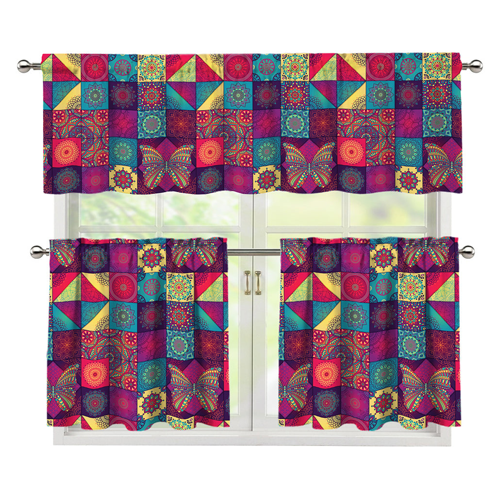Bohemian Patchwork Pattern Print 3 Piece Kitchen Curtains