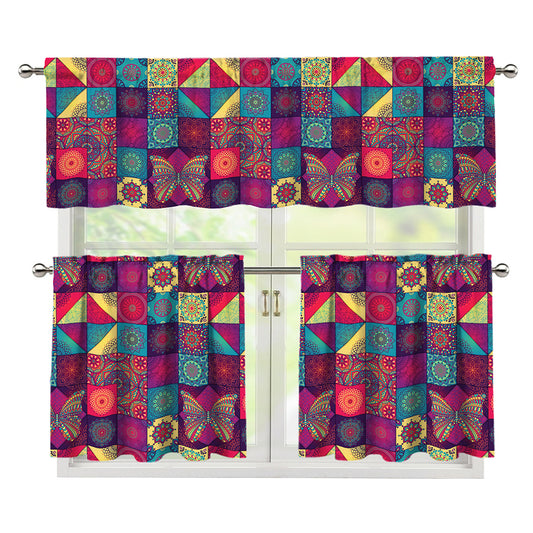 Bohemian Patchwork Pattern Print 3 Piece Kitchen Curtains