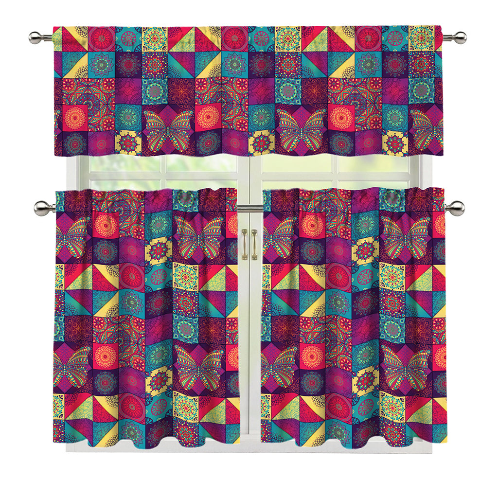 Bohemian Patchwork Pattern Print 3 Piece Kitchen Curtains