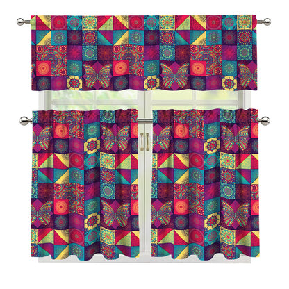 Bohemian Patchwork Pattern Print 3 Piece Kitchen Curtains