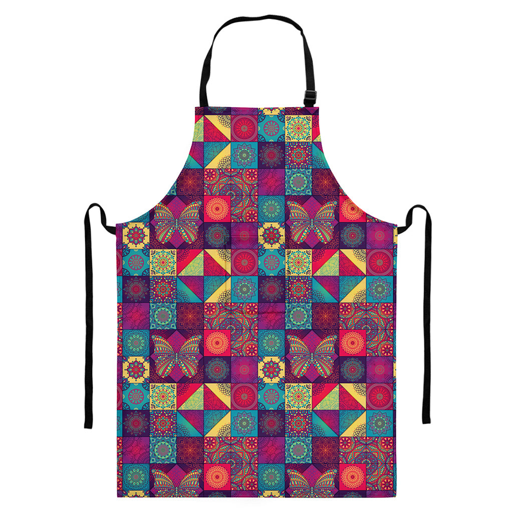 Bohemian Patchwork Pattern Print Bib Apron With Pocket
