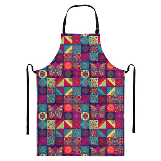 Bohemian Patchwork Pattern Print Bib Apron With Pocket