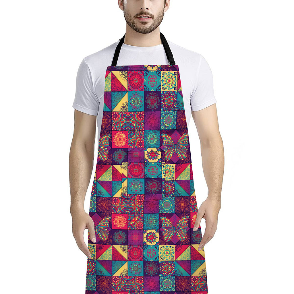 Bohemian Patchwork Pattern Print Bib Apron With Pocket