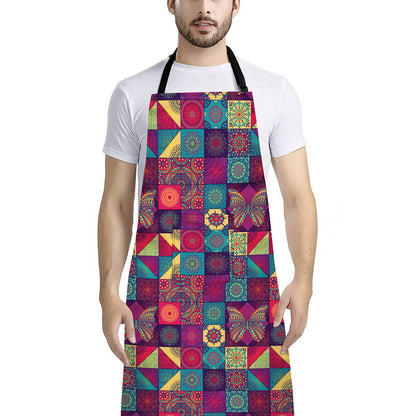 Bohemian Patchwork Pattern Print Bib Apron With Pocket