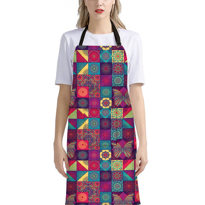 Bohemian Patchwork Pattern Print Bib Apron With Pocket