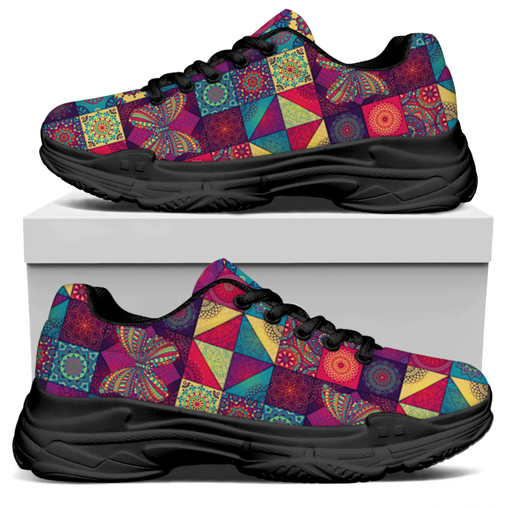 Bohemian Patchwork Pattern Print Black Chunky Shoes