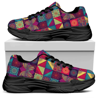 Bohemian Patchwork Pattern Print Black Chunky Shoes