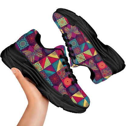 Bohemian Patchwork Pattern Print Black Chunky Shoes