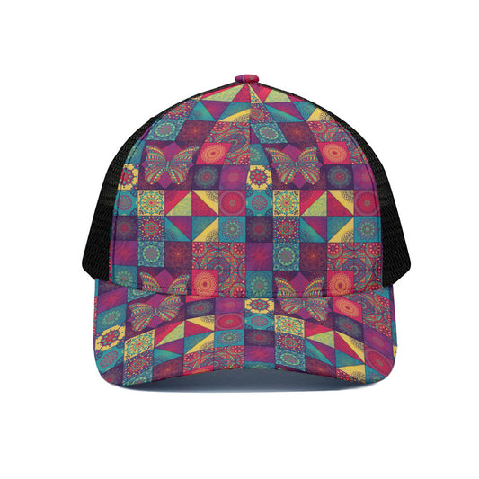 Bohemian Patchwork Pattern Print Black Mesh Trucker Cap