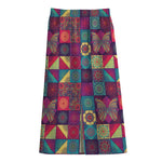 Bohemian Patchwork Pattern Print Cotton Front Slit Maxi Skirt
