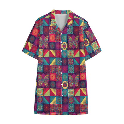 Bohemian Patchwork Pattern Print Cotton Hawaiian Shirt