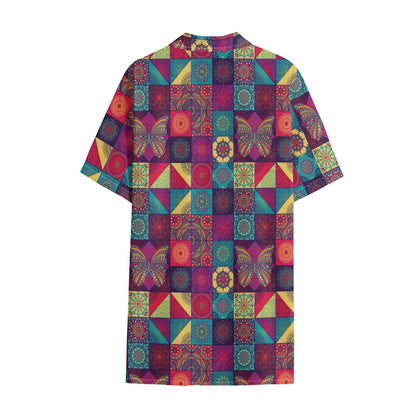 Bohemian Patchwork Pattern Print Cotton Hawaiian Shirt