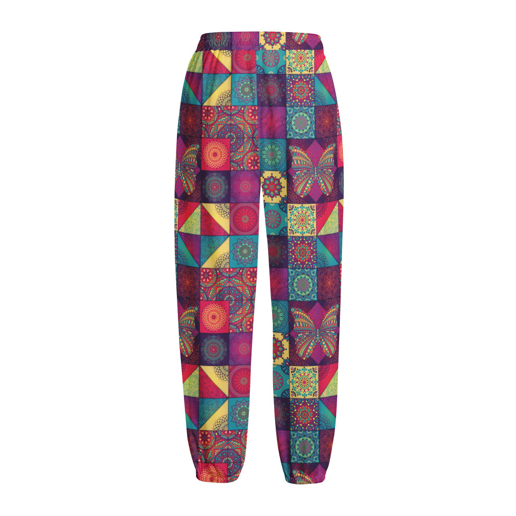 Bohemian Patchwork Pattern Print Fleece Lined Knit Pants
