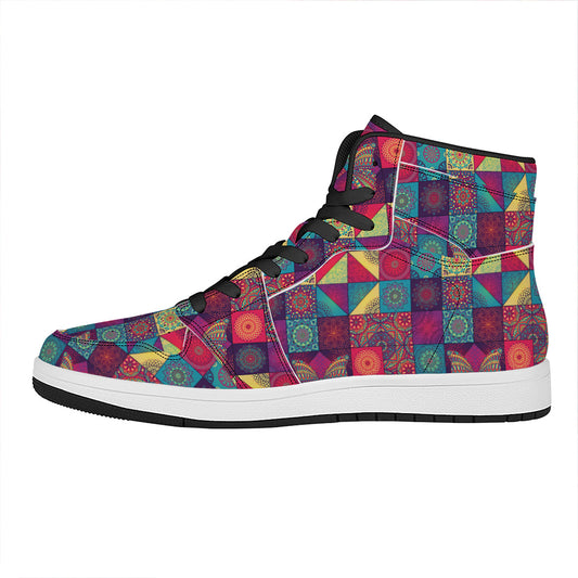 Bohemian Patchwork Pattern Print High Top Leather Sneakers