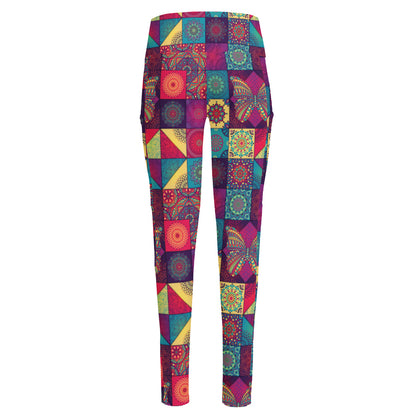 Bohemian Patchwork Pattern Print High-Waisted Pocket Leggings