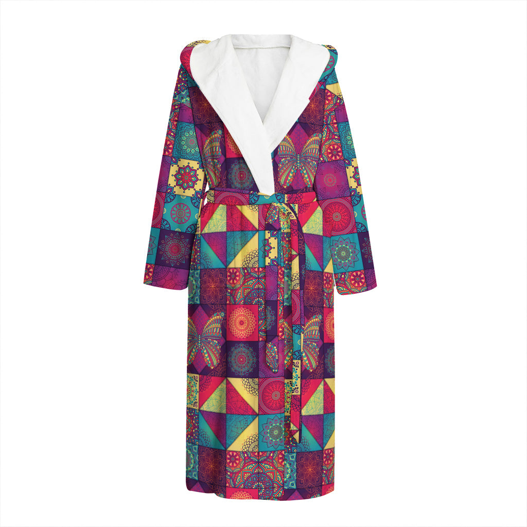 Bohemian Patchwork Pattern Print Hooded Bathrobe